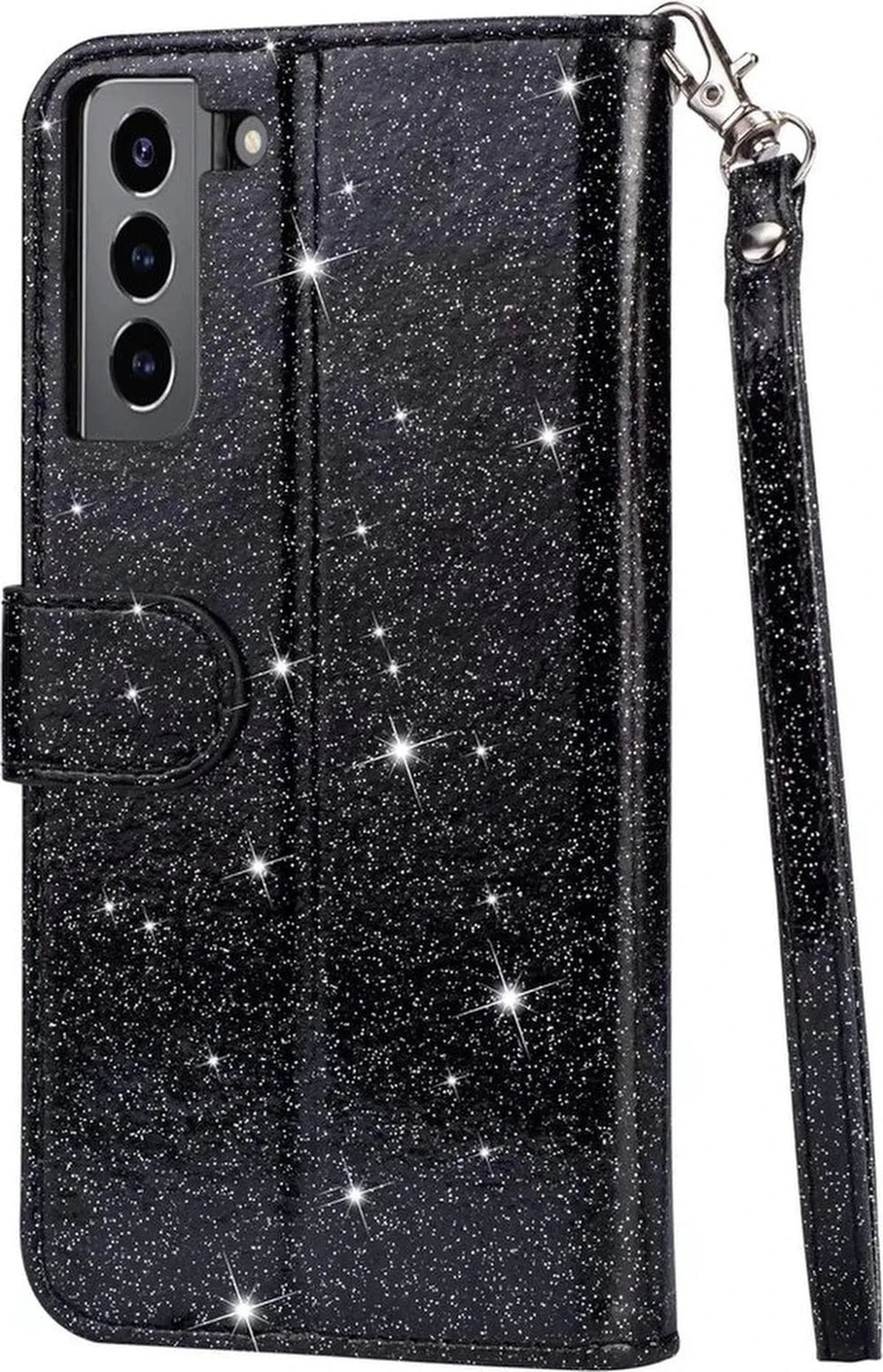 Samsung Galaxy S22 Plus Hoesjes – Glitter Portemonneehoes – Rits & Koord – Pasjeshouder – Zwart-Ilumina Benelux
