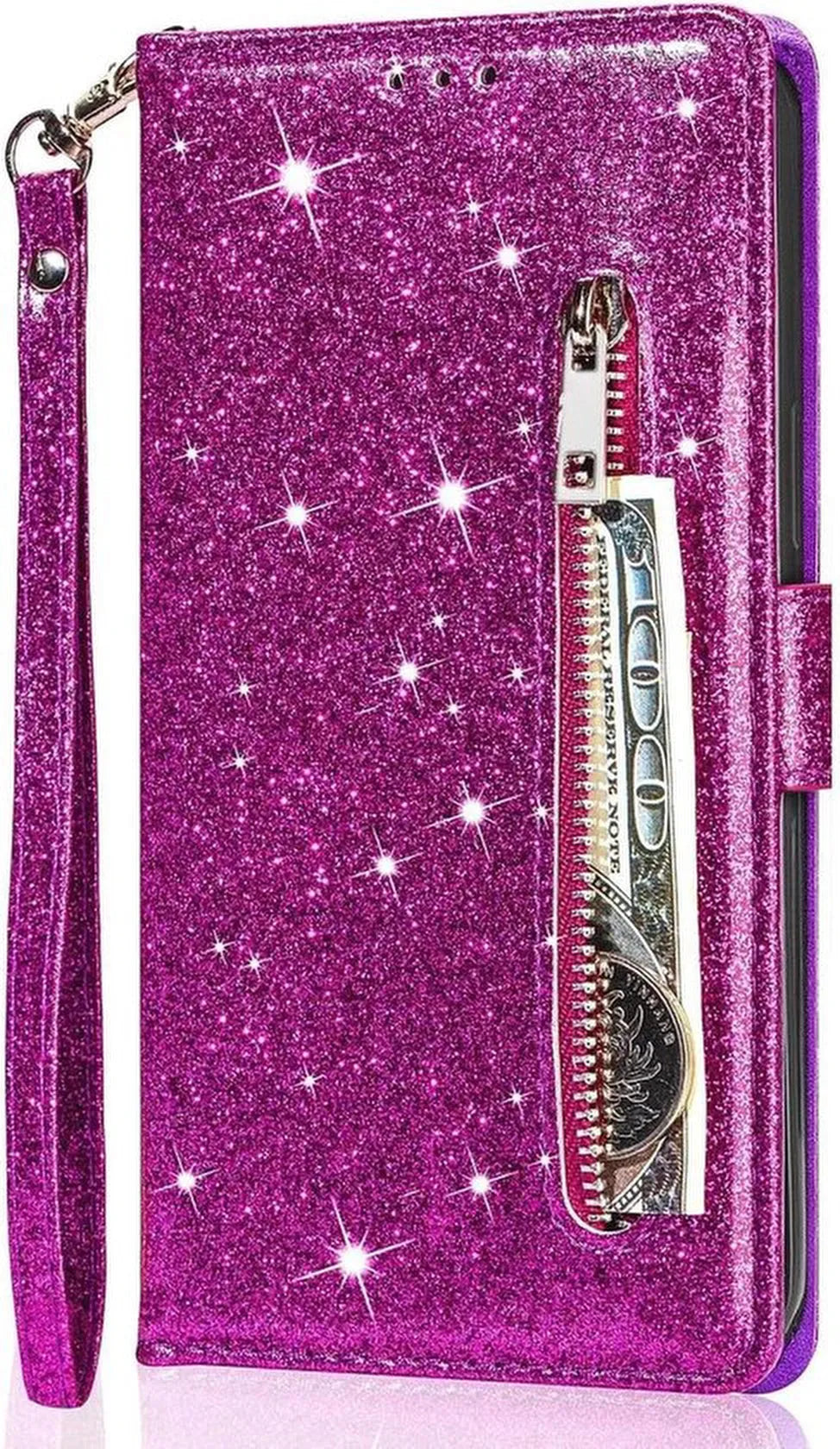 Samsung Galaxy S22 Plus Hoesjes – Glitter Portemonneehoes – Rits & Koord – Paars-Ilumina Benelux