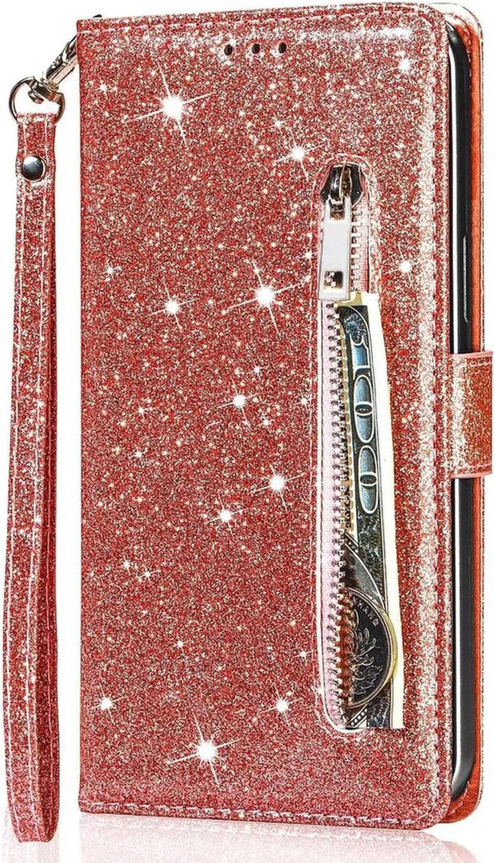 Samsung Galaxy S22 Plus Hoesjes – Glitter Portemonneehoes – Rits & Koord – Pasjeshouder – Roségoud-Ilumina Benelux