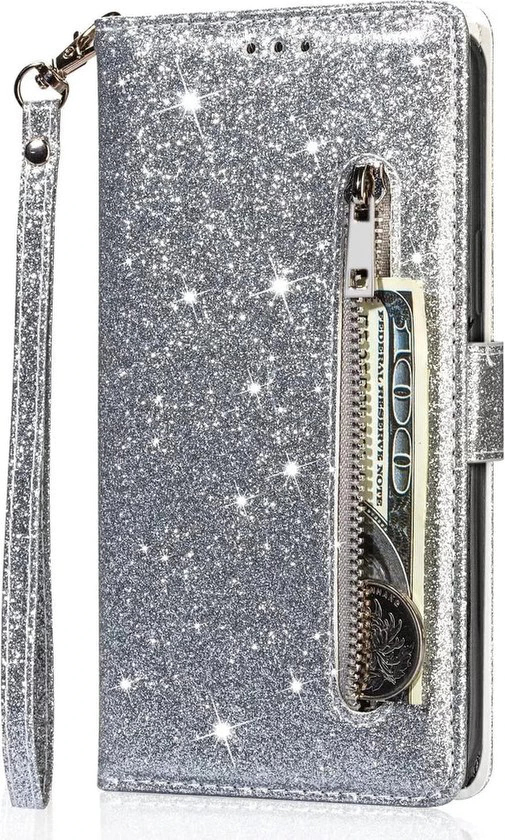 Sparkly Glitter Wallet Hoesje met Rits & Koord Geschikt voor: Samsung Galaxy S22 - Zilver