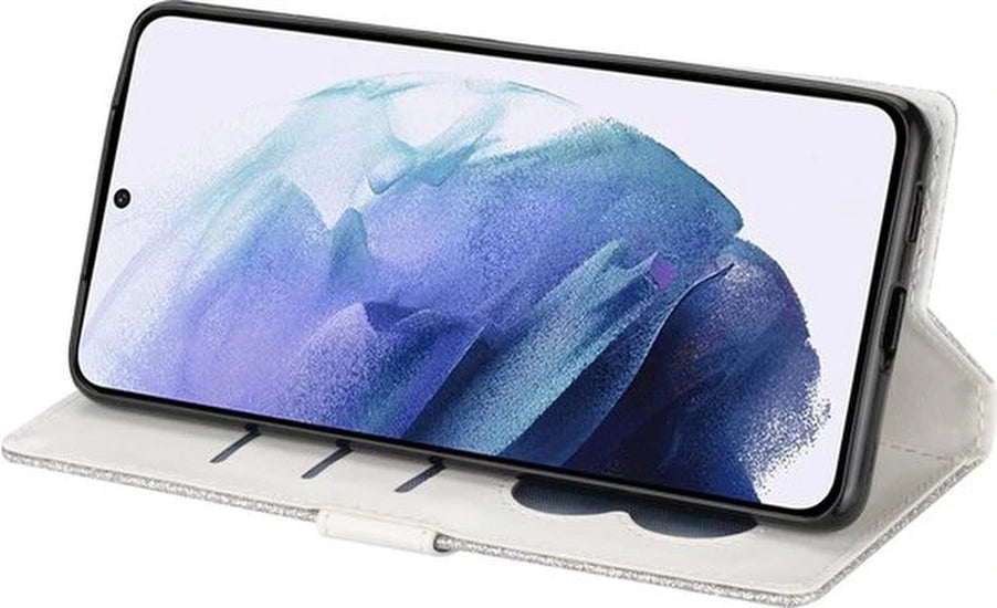 Samsung Galaxy S22 Hoesjes – Glitter Portemonnee Hoes – Rits & Koord – Pasjeshouder – Zilver