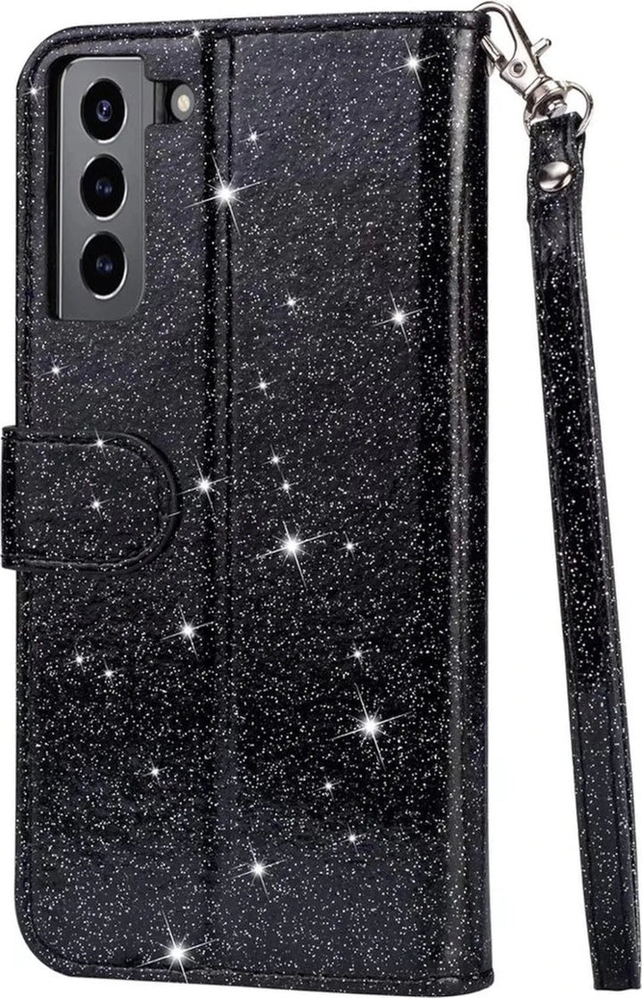 Samsung Galaxy S22 Hoesjes – Glitter Portemonnee Hoes – Rits & Koord – Pasjeshouder – Zwart-Ilumina Benelux