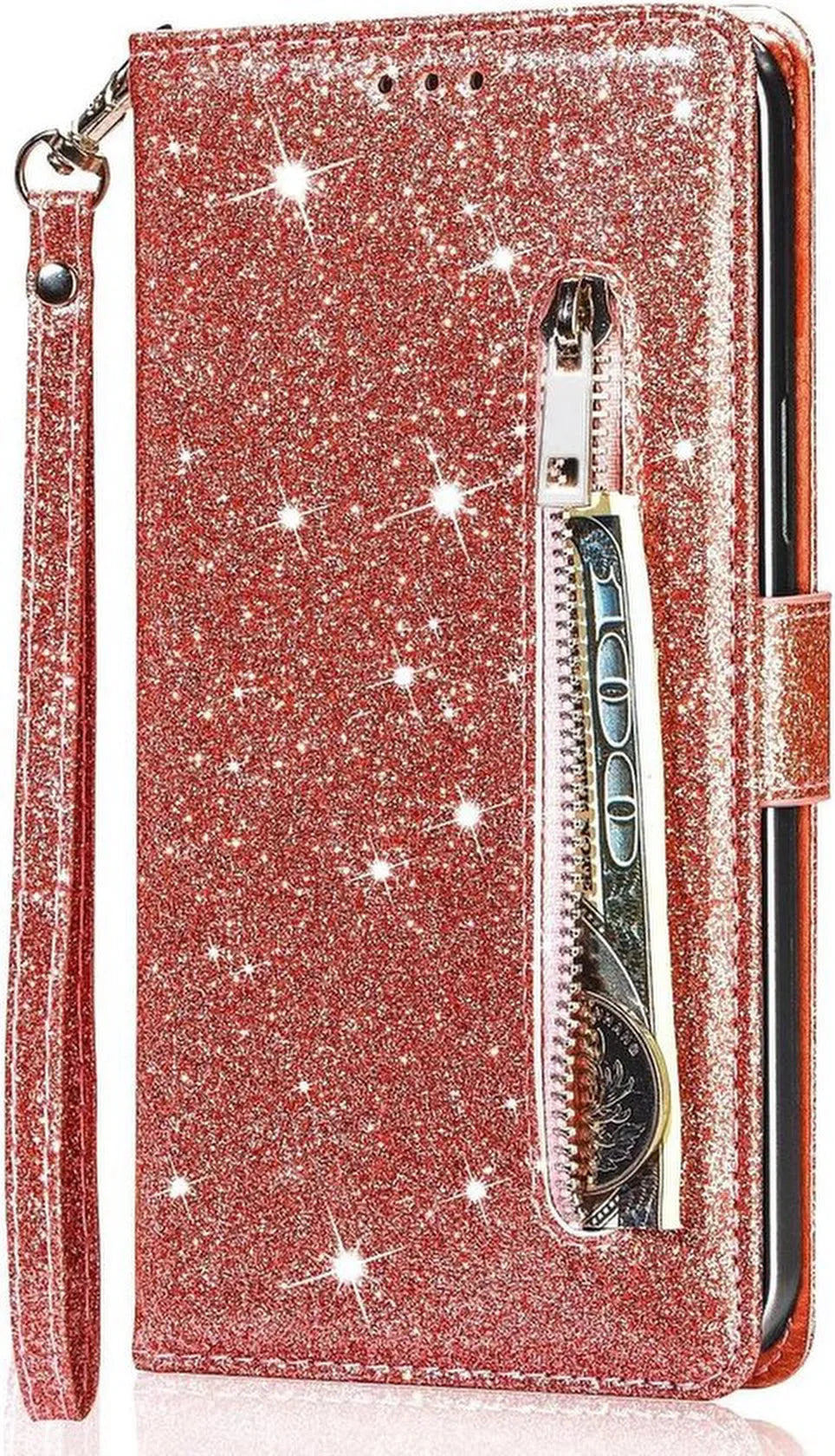 Samsung Galaxy S22 Hoesjes – Glitter Portemonnee Hoes – Rits & Koord – Pasjeshouder – Roségoud-Ilumina Benelux