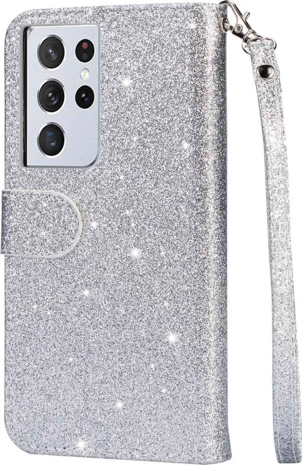 Samsung Galaxy S20 Ultra Hoesjes – Glitter Portemonneehoes – Rits & Koord – Zilver-Ilumina Benelux
