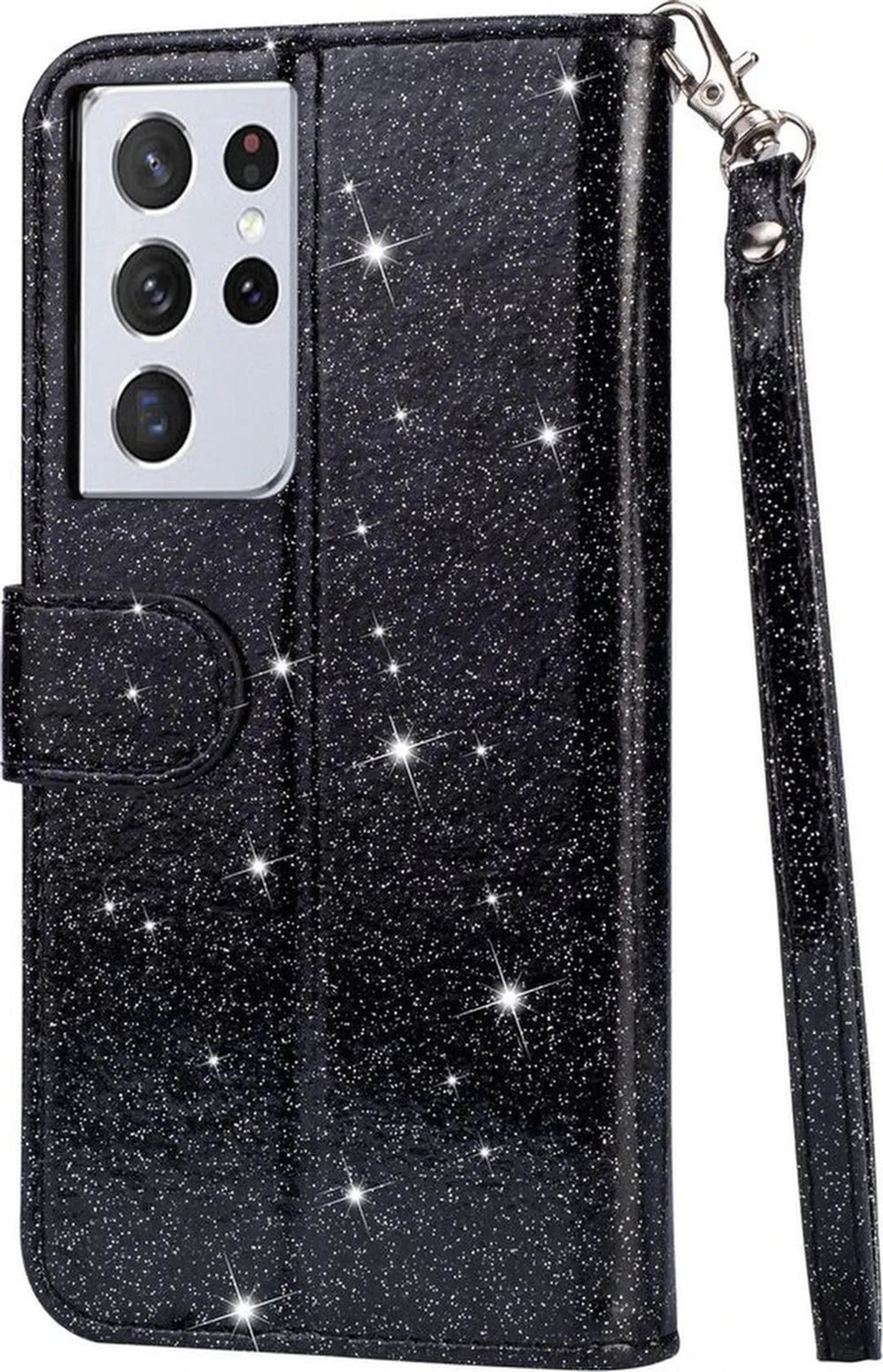 Samsung Galaxy S20 Ultra Hoesjes – Glitter Portemonneehoes – Rits & Koord – Pasjeshouder – Zwart-Ilumina Benelux