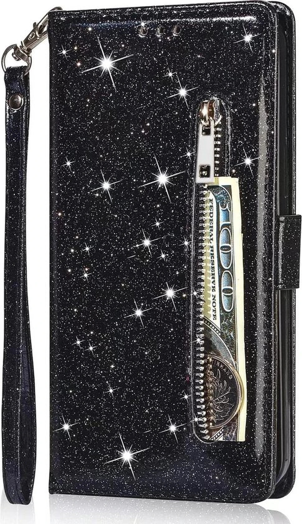 Sparkly Glitter Wallet Hoesje met Rits & Koord Geschikt voor: Samsung Galaxy S21 Plus - Zwart