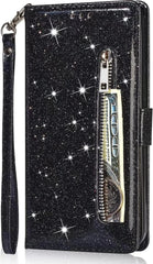 Sparkly Glitter Wallet Hoesje met Rits & Koord Geschikt voor: Samsung Galaxy S21 Plus - Zwart