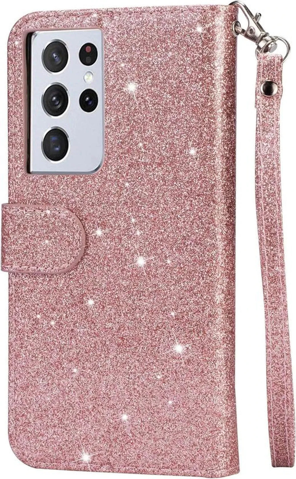 Samsung Galaxy S21 Ultra Hoesjes – Glitter Portemonnee Hoes – Rits & Koord – Pasjeshouder – Roségoud-Ilumina Benelux