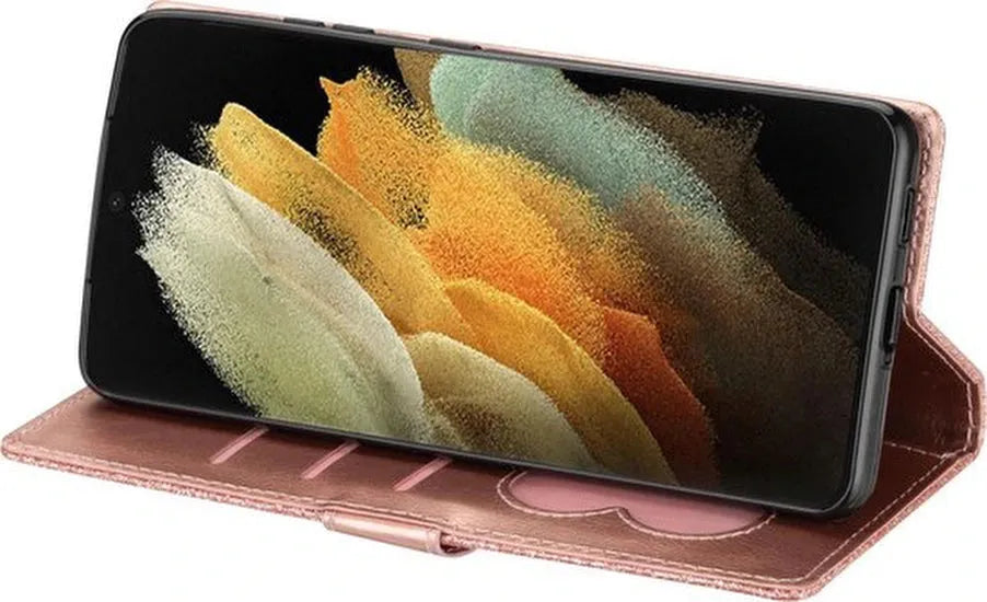 Samsung Galaxy S21 Ultra Hoesjes – Glitter Portemonnee Hoes – Rits & Koord – Pasjeshouder – Roségoud-Ilumina Benelux