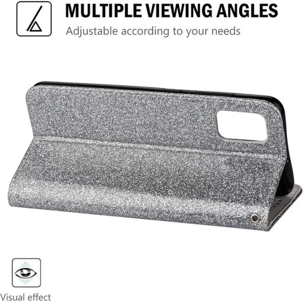 Samsung Galaxy S20 FE Hoesjes – Glitter Portemonneehoes – Rits & Koord – Pasjeshouder – Zilver-Ilumina Benelux