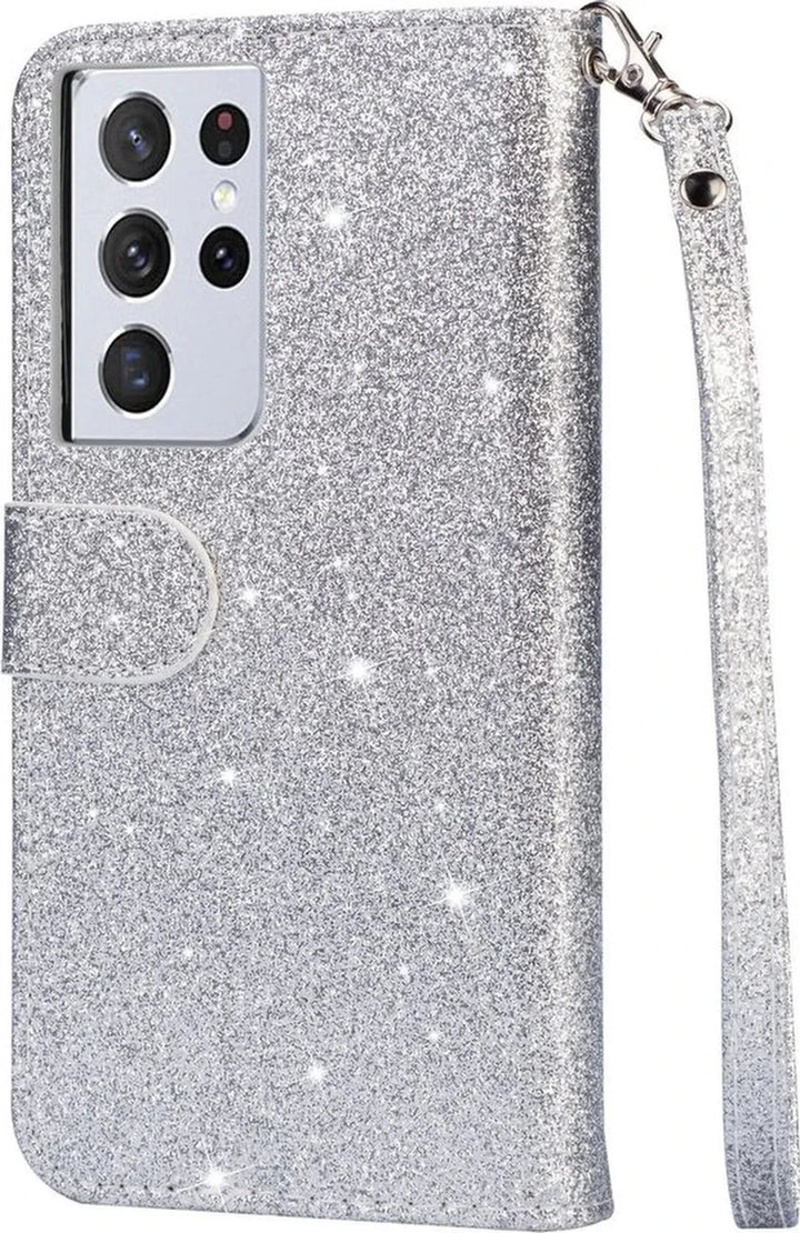 Samsung Galaxy S21 Ultra Hoesjes – Glitter Portemonneehoes – Rits & Koord – Pasjeshouder – Zilver-Ilumina Benelux