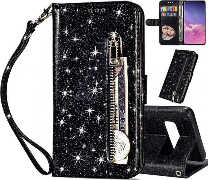 Samsung Galaxy S10 Hoesjes – Glitter Portemonnee Hoes – Rits & Koord – Pasjeshouder – Zwart-Ilumina Benelux