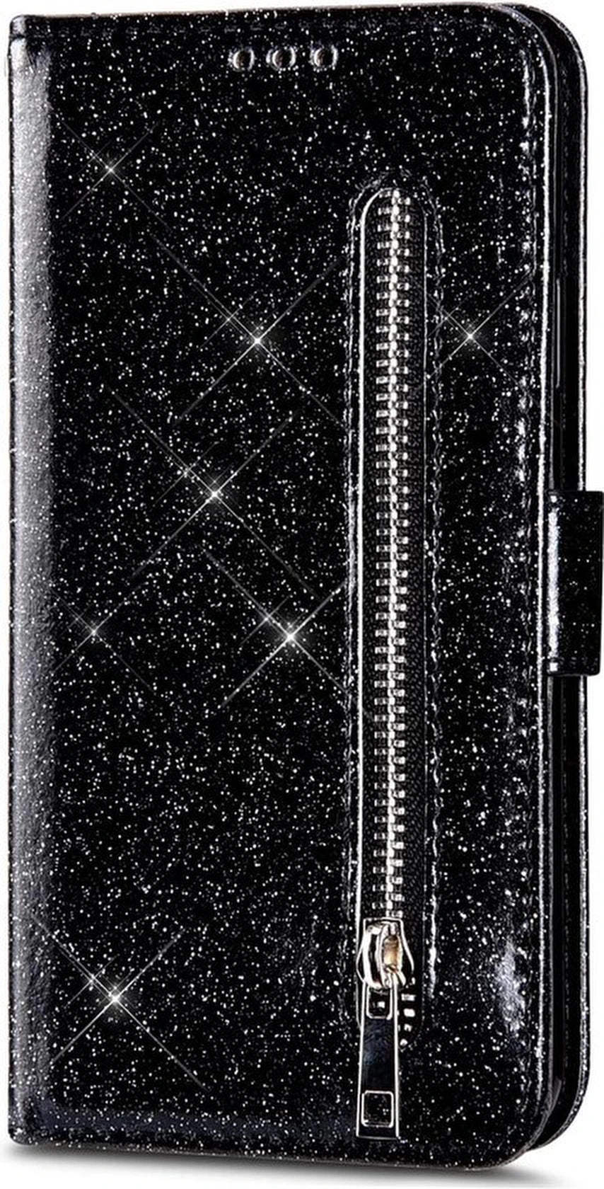 Sparkly Glitter Wallet Hoesje met Rits & Koord Geschikt voor: Samsung Galaxy S10 - Zwart