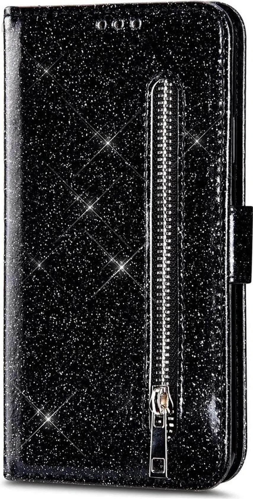 Samsung Galaxy S10 Hoesjes – Glitter Portemonnee Hoes – Rits & Koord – Pasjeshouder – Zwart-Ilumina Benelux