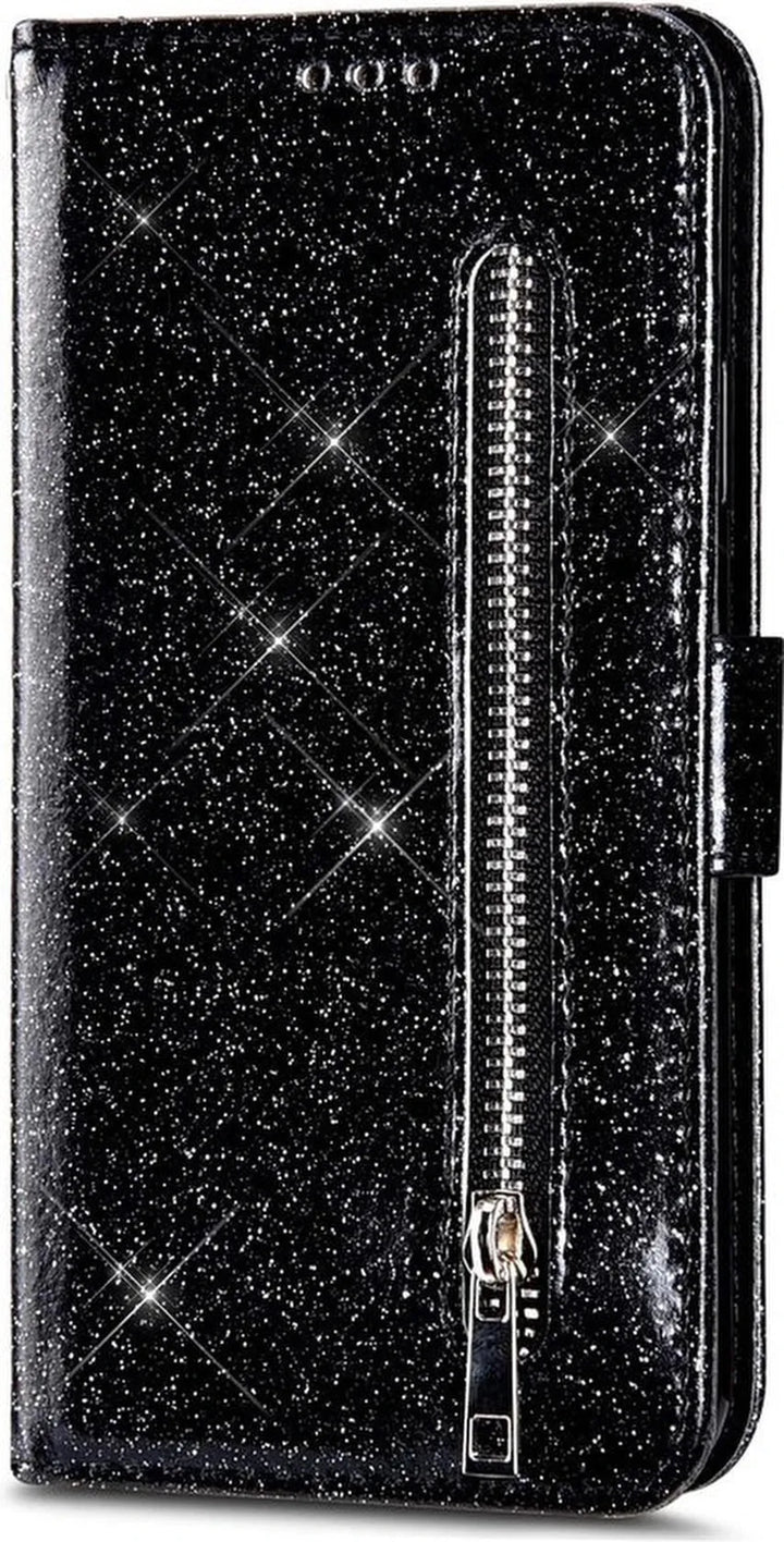Samsung Galaxy S10 Hoesjes – Glitter Portemonnee Hoes – Rits & Koord – Pasjeshouder – Zwart-Ilumina Benelux