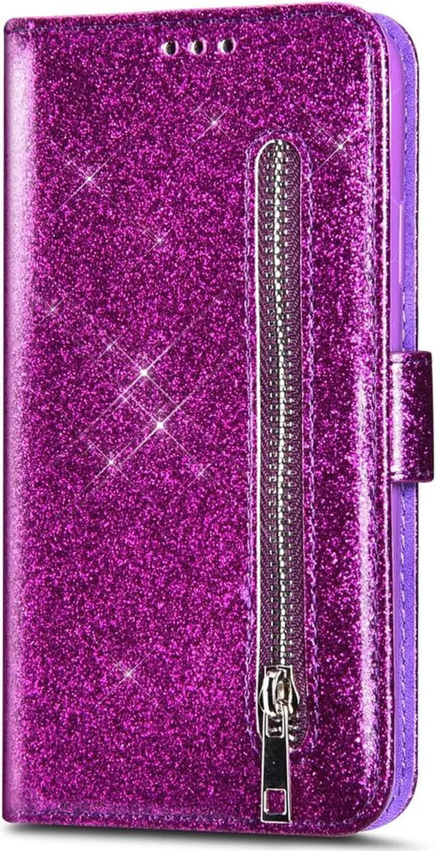Samsung Galaxy S10 Hoesjes – Glitter Portemonnee Hoes – Rits & Koord – Paars-Ilumina Benelux