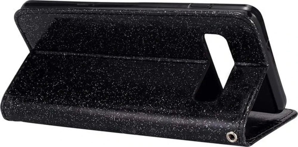 Samsung Galaxy S10E Hoesjes – Glitter Portemonnee Hoes – Rits & Koord – Pasjeshouder – Zwart-Ilumina Benelux