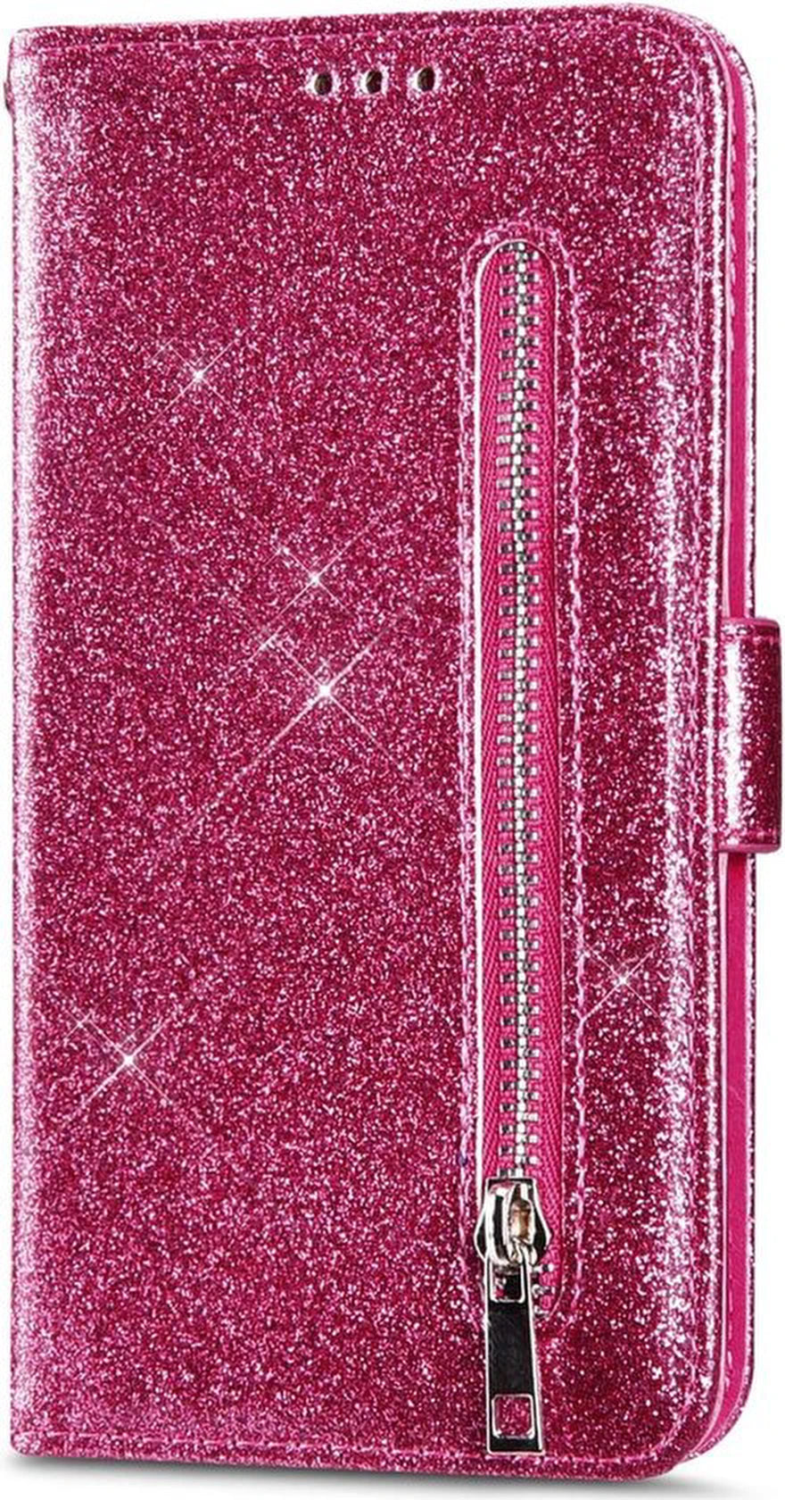 Samsung Galaxy S10e Hoesjes – Glitter Portemonnee Hoes – Rits & Koord – Pasjeshouder – Roze
