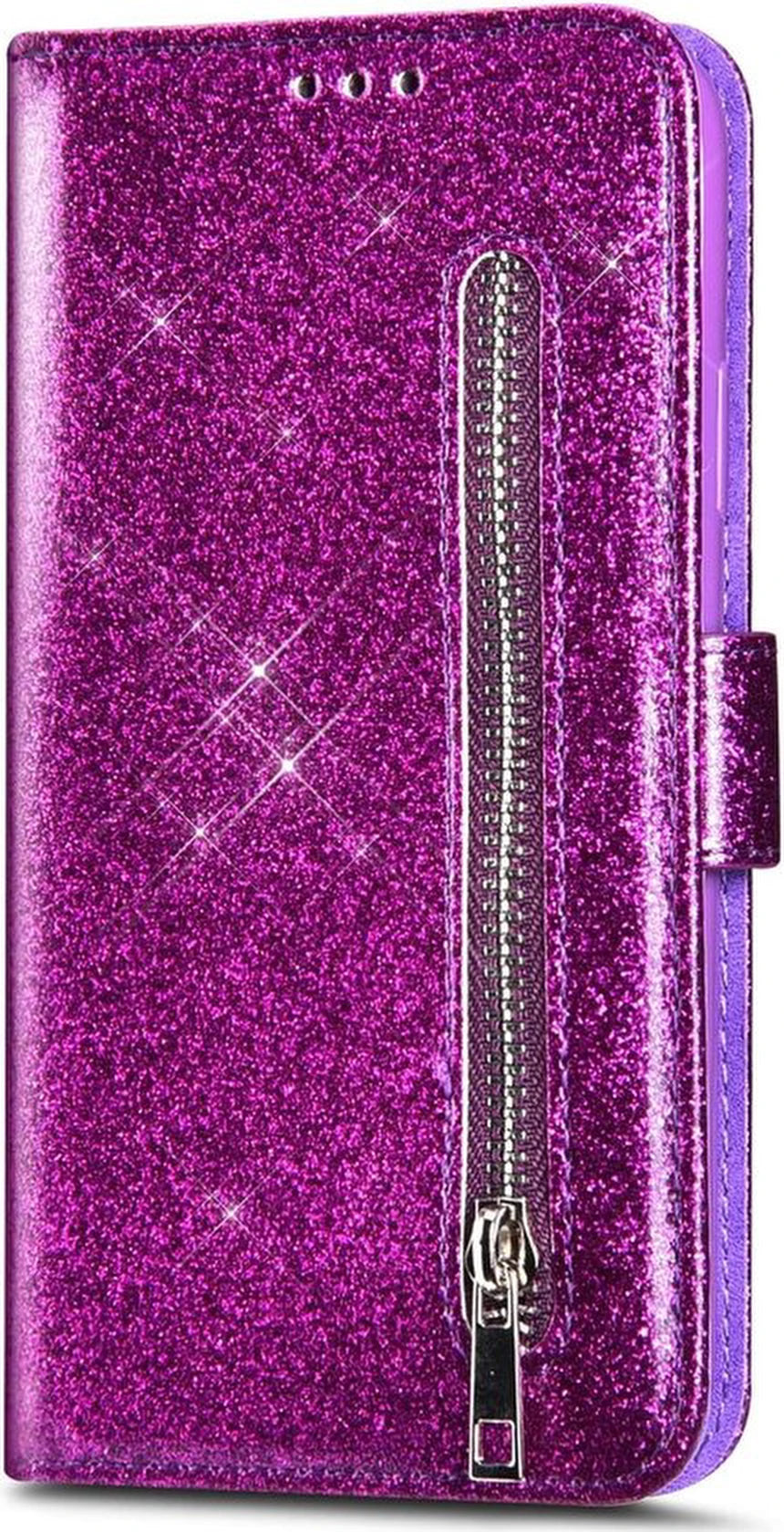Sparkly Glitter Wallet Hoesje met Rits & Koord Geschikt voor: Samsung Galaxy S10E - Paars