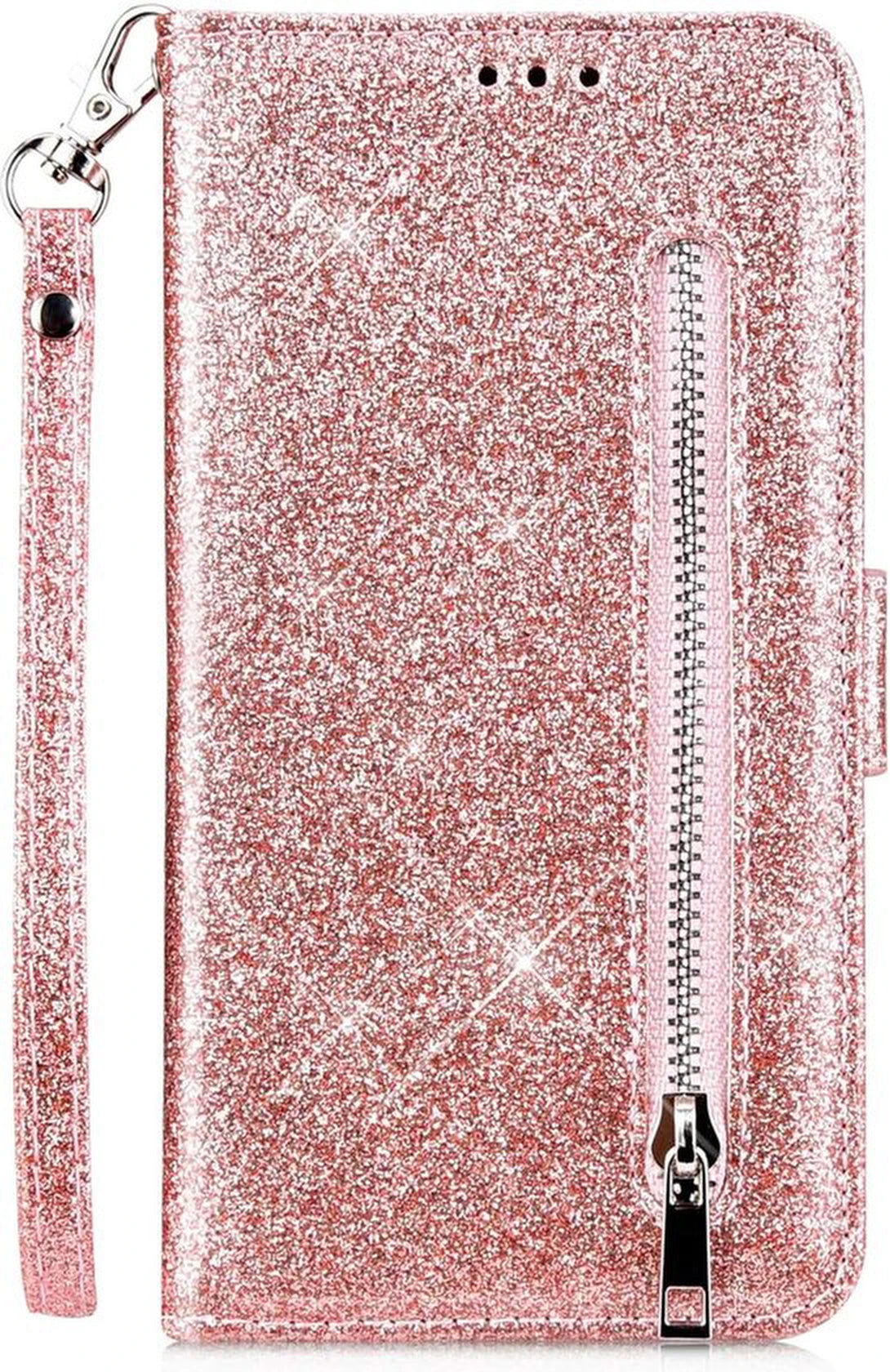 Sparkly Glitter Wallet Hoesje met Rits & Koord Geschikt voor: Samsung Galaxy S10E - Roségoud