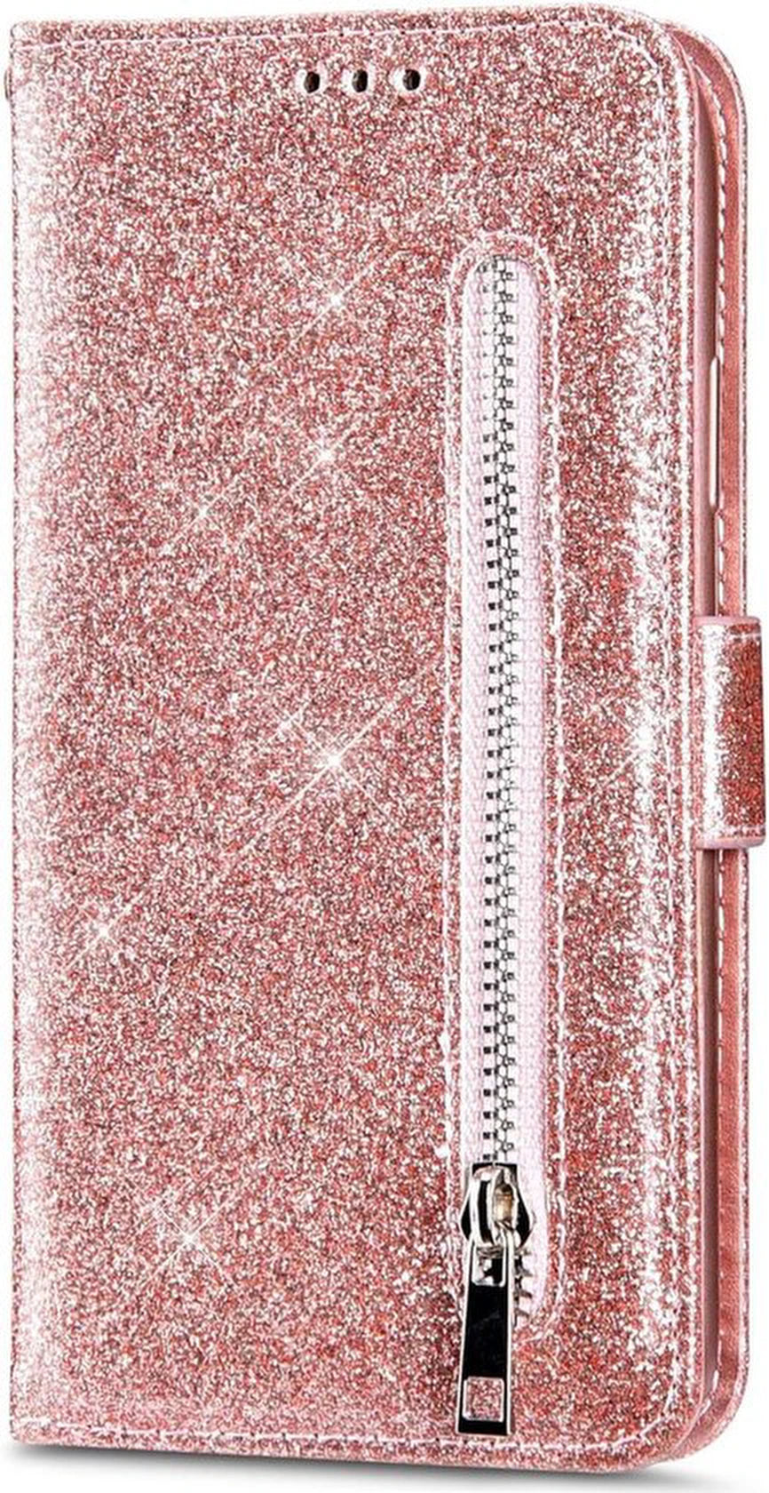 Sparkly Glitter Wallet Hoesje met Rits & Koord Geschikt voor: Samsung Galaxy S10E - Roségoud