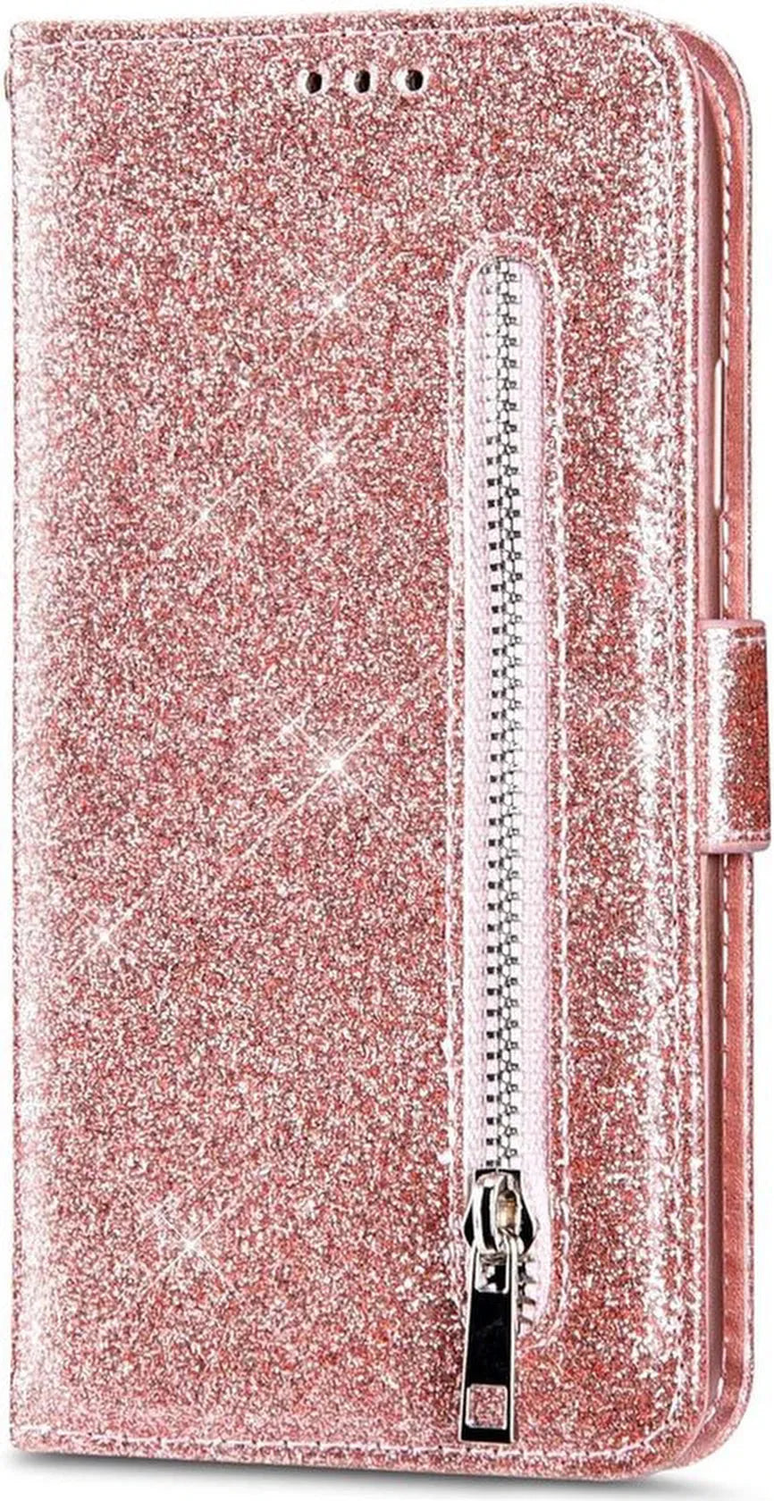 Samsung Galaxy S10E Hoesjes – Glitter Portemonnee Hoes – Rits & Koord – Pasjeshouder – Roségoud-Ilumina Benelux