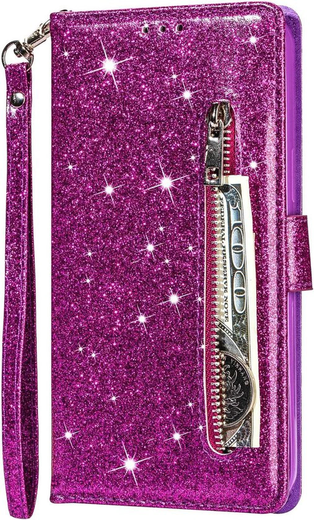 Sparkly Glitter Wallet Hoesje met Rits & Koord Geschikt voor: Samsung Galaxy A71 5G - Paars