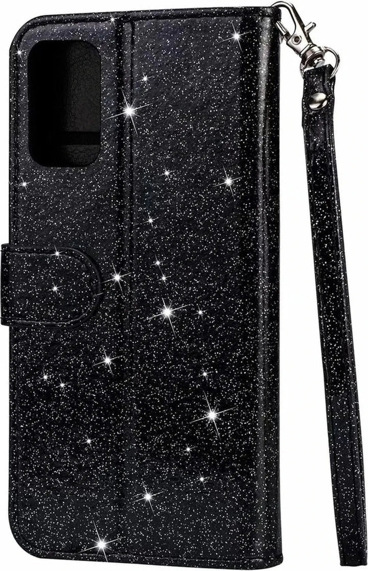 Samsung Galaxy A22 5G Hoesjes – Glitter Portemonneehoes – Rits & Koord – Pasjeshouder – Zwart-Ilumina Benelux