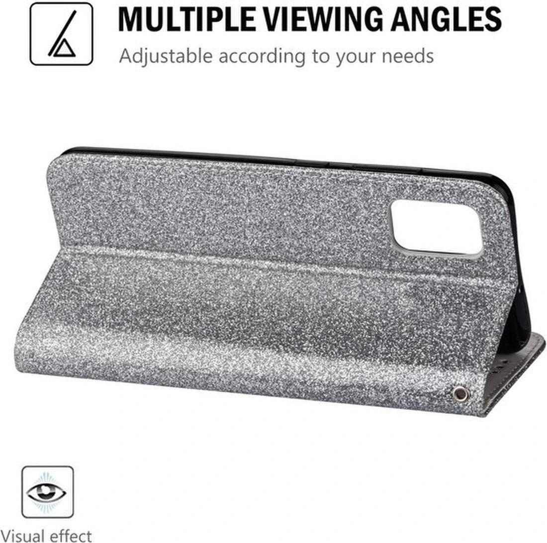 Samsung Galaxy M51 Hoesjes – Glitter Portemonnee Hoes – Rits & Koord – Pasjeshouder – Zilver
