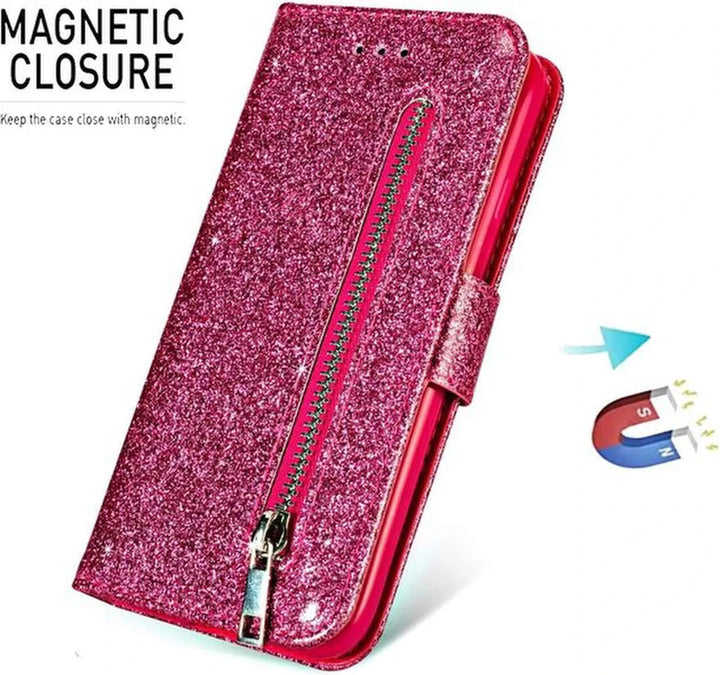 Samsung Galaxy A02s Hoesjes – Glitter Portemonnee Hoes – Rits & Koord – Pasjeshouder – Roze-Ilumina Benelux