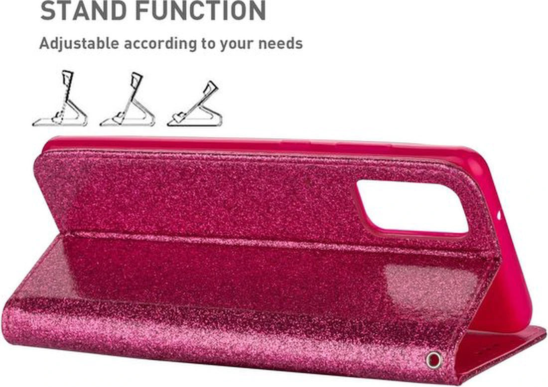 Samsung Galaxy A02s Hoesjes – Glitter Portemonnee Hoes – Rits & Koord – Pasjeshouder – Roze