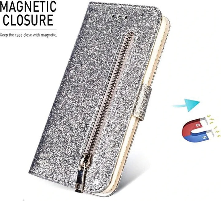 Samsung Galaxy A32 4G Hoesjes – Glitter Portemonnee Hoes – Rits & Koord – Pasjeshouder – Zilver-Ilumina Benelux