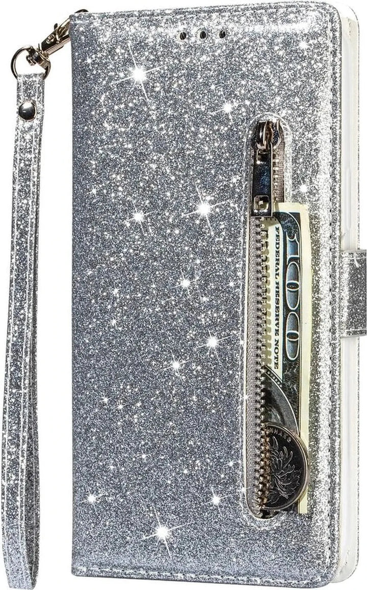Samsung Galaxy A52/A52s Hoesjes – Glitter Portemonneehoes met Rits – Pasjeshouder & Koord – Zilver-Ilumina Benelux