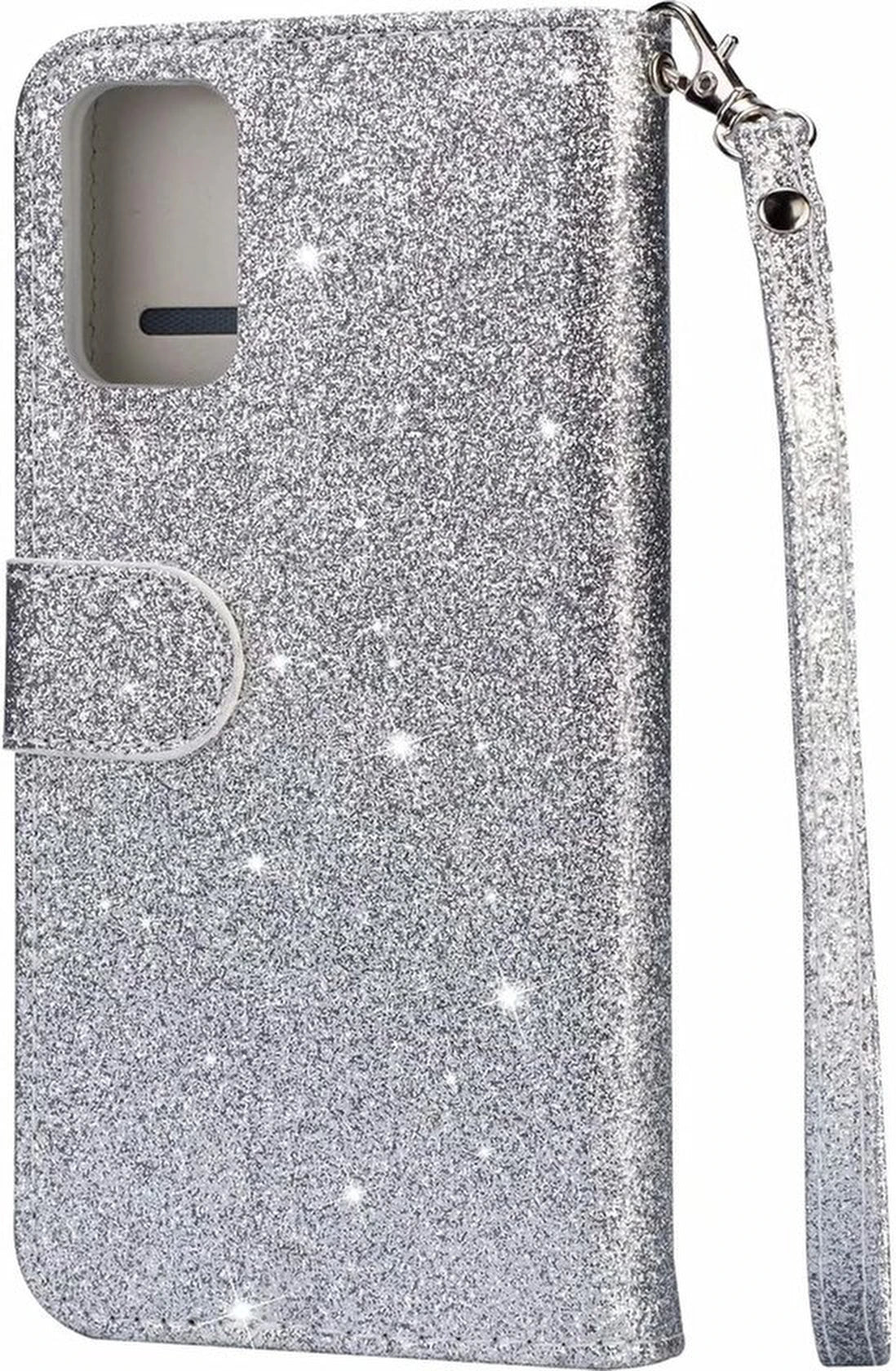 Samsung Galaxy A52/A52s Hoesjes – Glitter Portemonneehoes met Rits – Pasjeshouder & Koord – Zilver