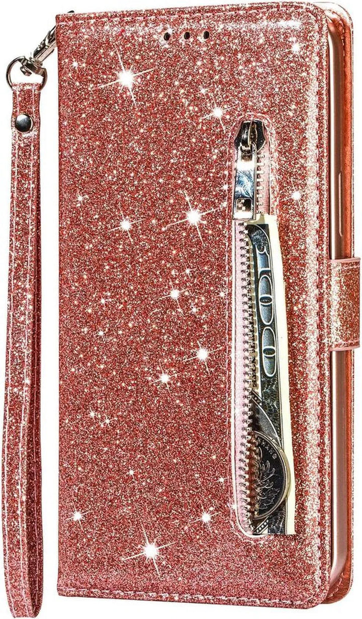 Samsung Galaxy A02s Hoesjes – Glitter Portemonnee Hoes – Rits & Koord – Roségoud-Ilumina Benelux