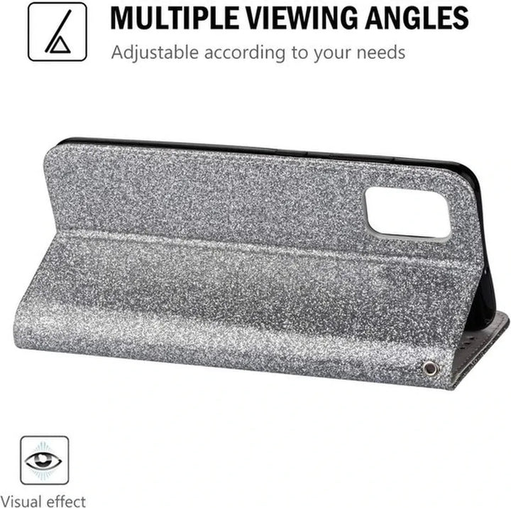 Samsung Galaxy A22 5G Hoesjes – Glitter Portemonnee Hoes – Rits & Koord – Zilver-Ilumina Benelux