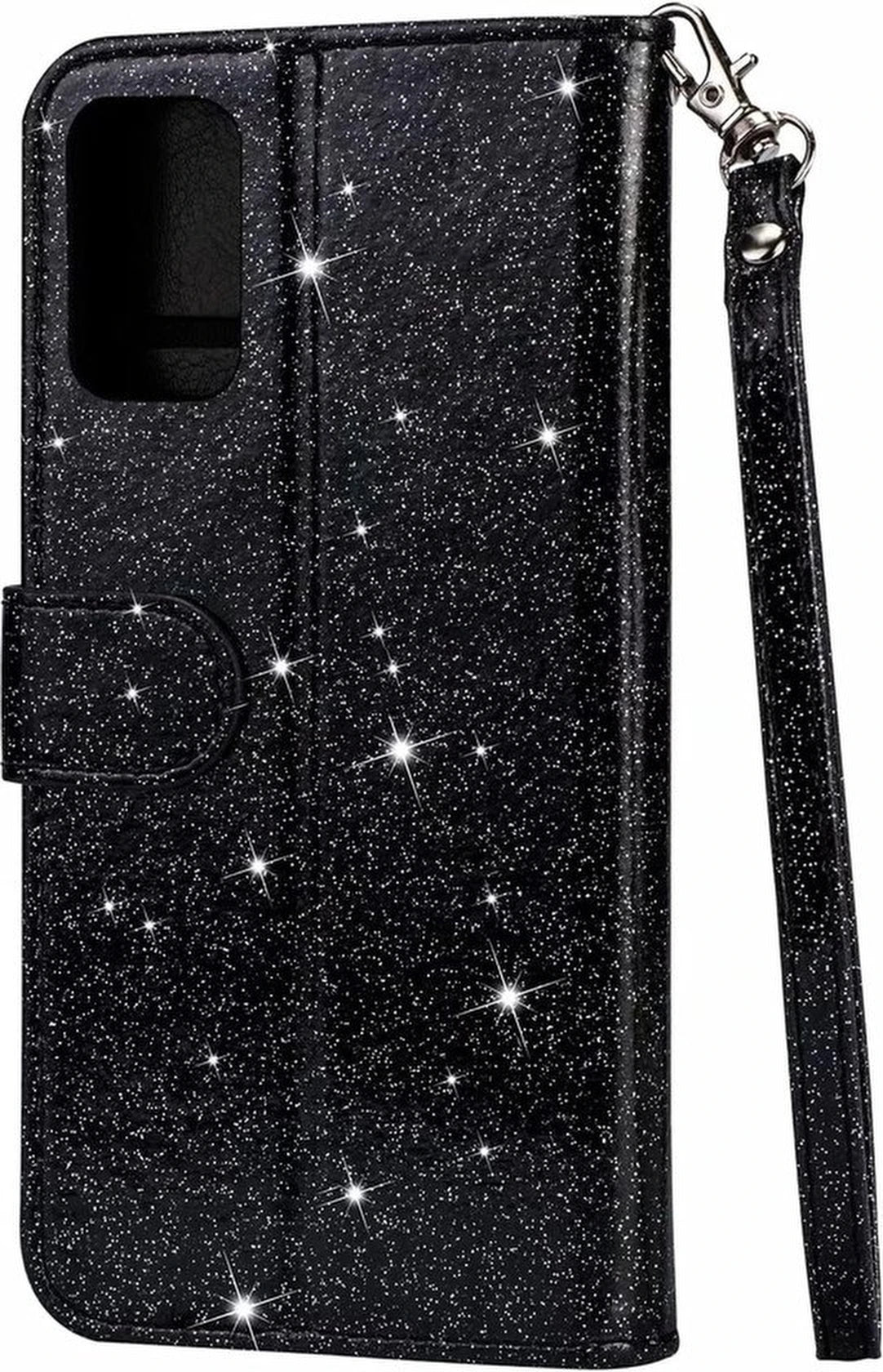 Sparkly Glitter Wallet Hoesje met Rits & Koord Geschikt voor: Samsung Galaxy M51 - Zwart