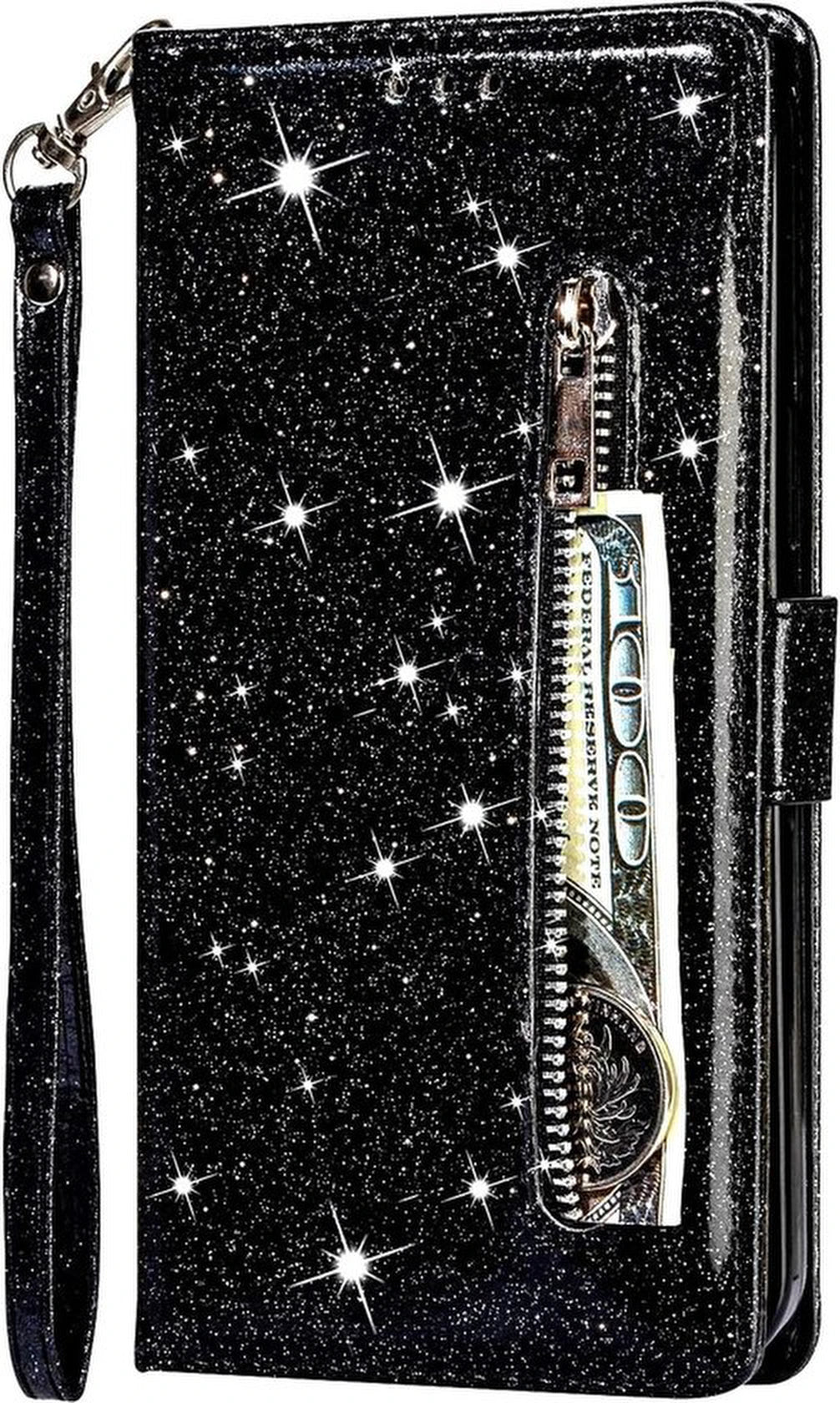 Sparkly Glitter Wallet Hoesje met Rits & Koord Geschikt voor: Samsung Galaxy M51 - Zwart