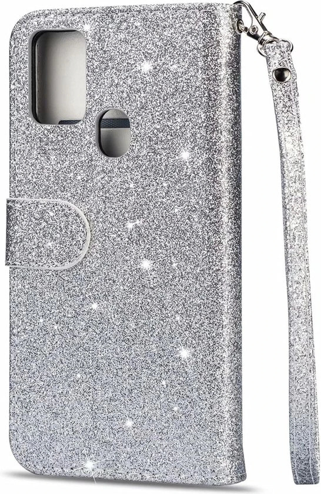 Samsung Galaxy M31S Hoesjes – Glitter Portemonnee Hoes – Rits & Koord – Pasjeshouder – Zilver