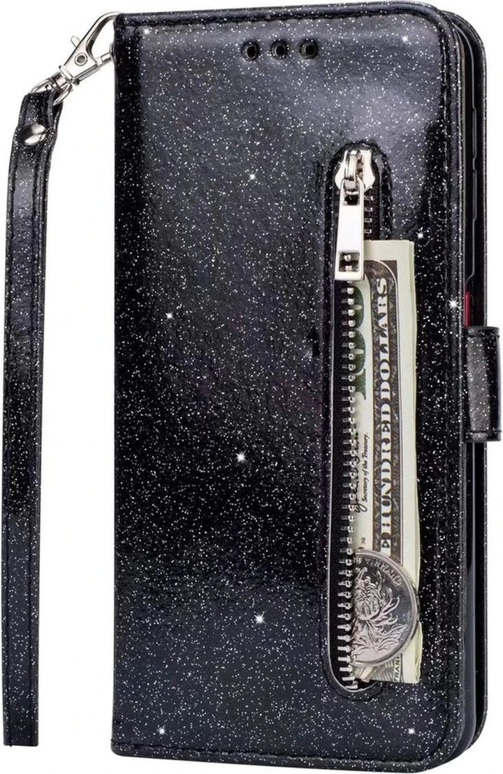 Samsung Galaxy M31S Hoesjes – Glitter Portemonnee Hoes – Rits & Koord – Pasjeshouder – Zwart-Ilumina Benelux