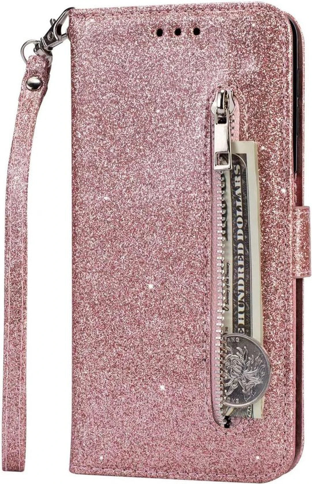 Sparkly Glitter Wallet Hoesje met Rits & Koord Geschikt voor: Samsung Galaxy M31S - Roségoud