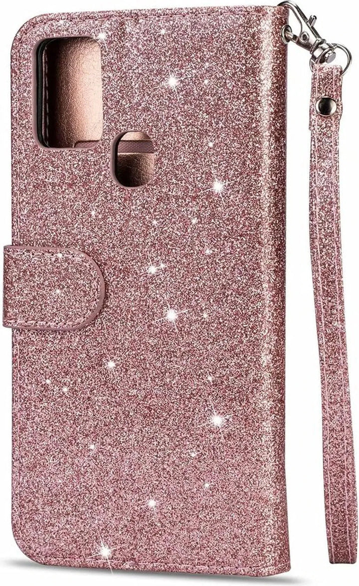 Samsung Galaxy A21S Hoesjes – Glitter Portemonneehoes – Rits & Koord – Pasjeshouder – Roségoud-Ilumina Benelux
