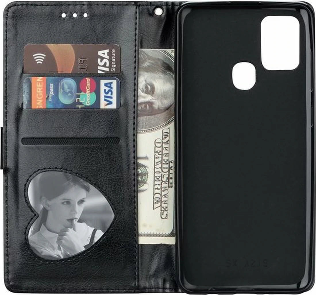 Sparkly Glitter Wallet Hoesje met Rits & Koord Geschikt voor: Samsung Galaxy M21 / M30S - Zwart