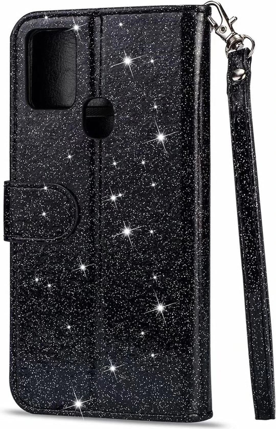 Sparkly Glitter Wallet Hoesje met Rits & Koord Geschikt voor: Samsung Galaxy M21 / M30S - Zwart