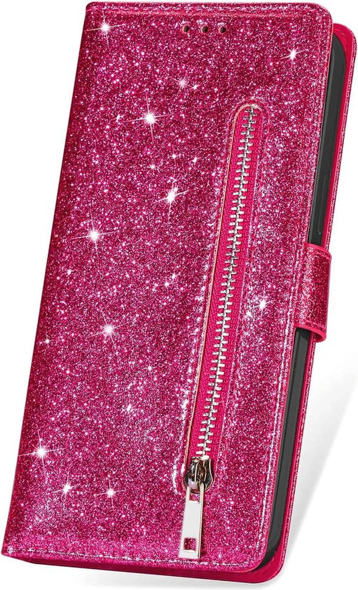 Samsung Galaxy A54 Hoesjes – Glitter Portemonnee Hoes – Rits & Koord – Pasjeshouder – Roze-Ilumina Benelux