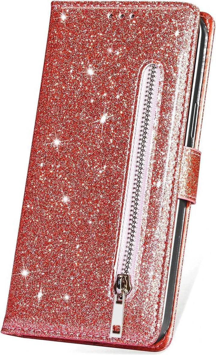 Samsung Galaxy A54 Hoesjes – Glitter Portemonneehoes – Rits & Koord – Pasjeshouder – Roségoud-Ilumina Benelux