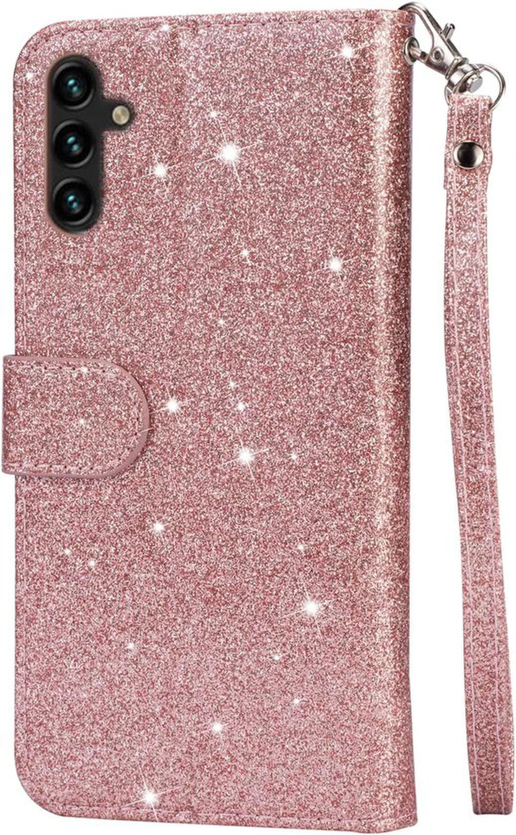 Sparkly Glitter Wallet Hoesje met Rits & Koord Geschikt voor: Samsung Galaxy A54 - Roségoud