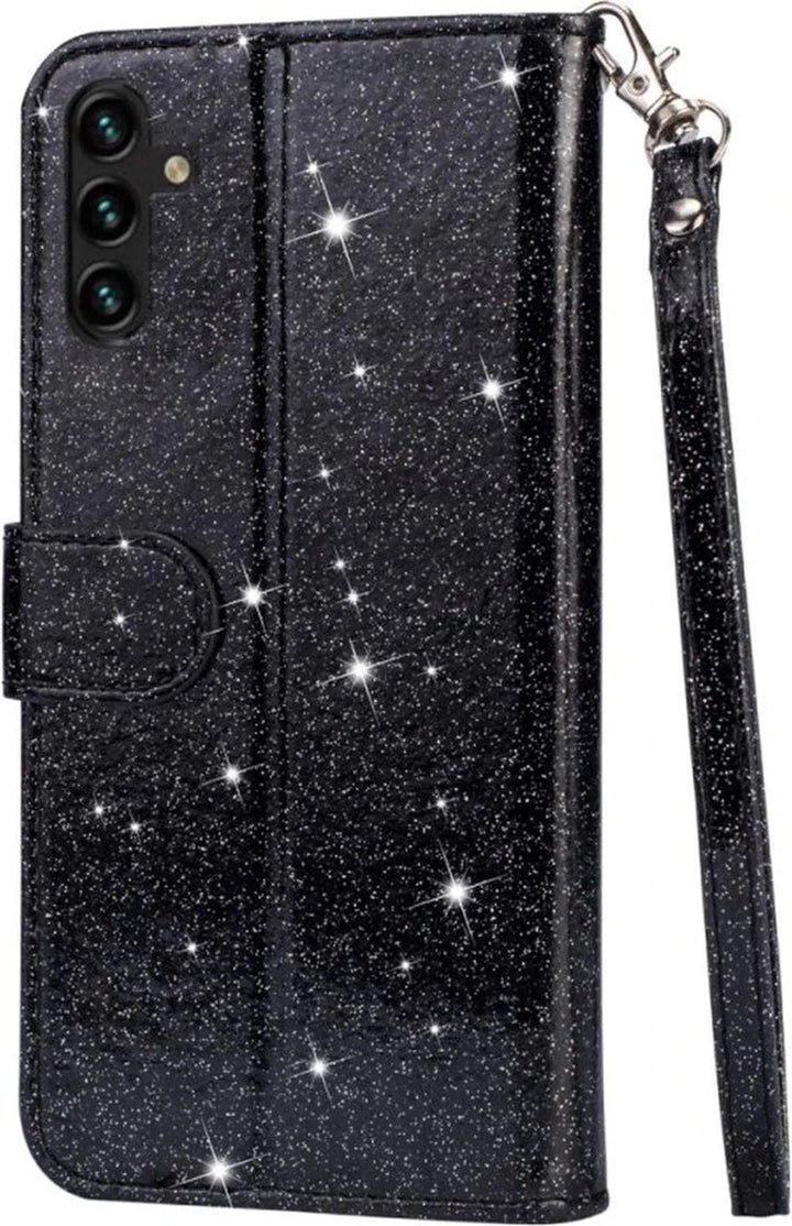 Samsung Galaxy A34 Hoesjes – Glitter Portemonnee Hoes – Rits & Koord – Pasjeshouder – Zwart-Ilumina Benelux