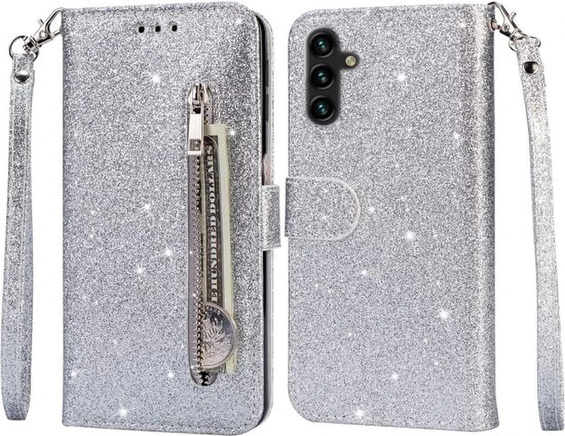 Sparkly Glitter Wallet Hoesje met Rits & Koord Geschikt voor: Samsung Galaxy A25 4G & 5G - Zilver