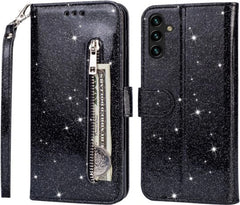 Samsung Galaxy A25 Hoesjes – Glitter Portemonnee Hoes – Rits & Koord – Pasjeshouder – Zwart